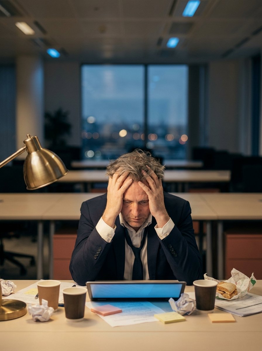 Cadre épuisé seul au bureau tard le soir