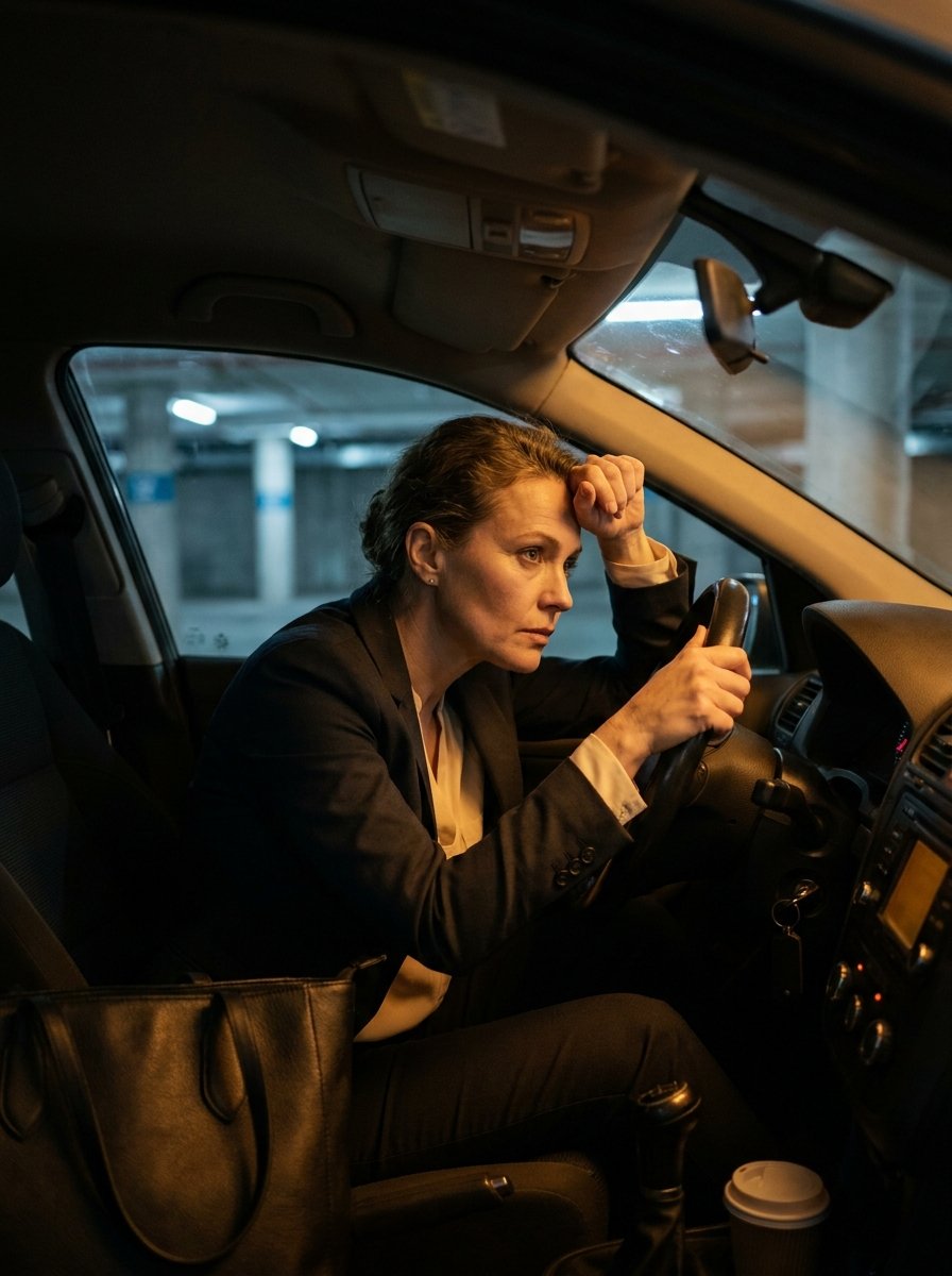 Dirigeante seule dans sa voiture après une réunion