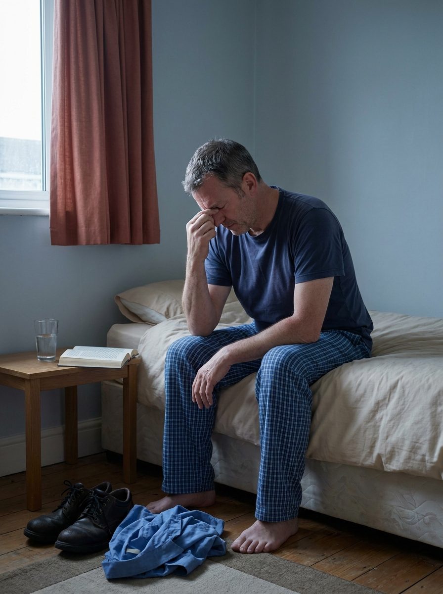 Homme épuisé assis au bord du lit à 5h du matin, insomnie